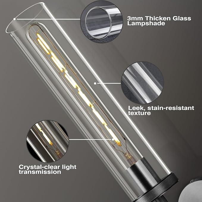 Matte Black Wall Sconce 19.48" Industrial Wall Lamp with Clear Glass Tube, Bathroom Vanity Lighting & Bedroom Hallway Staircase Sconces, Garage Entryway Porch Light Fixture(Including Bulb)