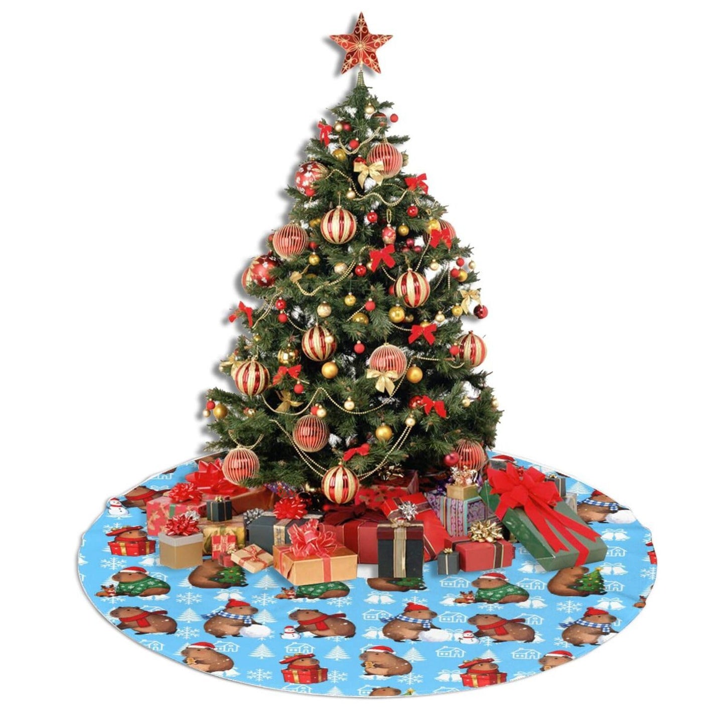 Christmas Tree Skirt with Santa Capybara 48 inches Animal Tree Skirts Xmas Mat Farmhouse Holiday Party New Year Supplies Ornaments Decorations for Mini Small Pencil Big Trees