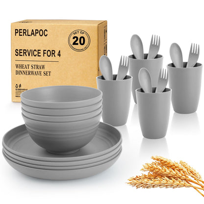 Wheat Straw Dinnerware Set 40-Piece Service for 8 Unbreakable Dishes Set Plates and Bowls Sets Drinking Glasses Microwave Safe Dish Set Lightweight Dinnerware Set for Home & Kitchen - Yellow