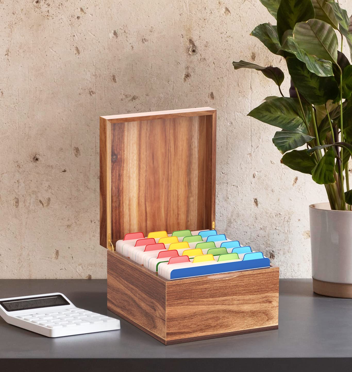 Neando 5x8 Index Card Organizer with Lid – Extra Large Acacia Wood Storage Box with 4 Compartments, 20 Blank Tabs, Holds 600 Cards – File Box for Recipes, Projects, School Notes & Office Organization
