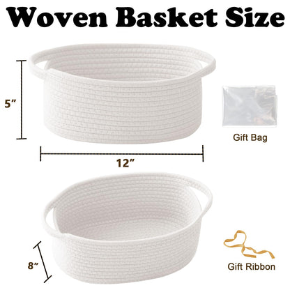 HZFTJOY 2 Pack Small Woven Rope Basket-Empty Gifts Basket with Bag and Ribbons,Cute Handle Organizer Box for Birthday/Baby Shower, Toy Storage, Nursery Organizing & Shelf Decor(White)