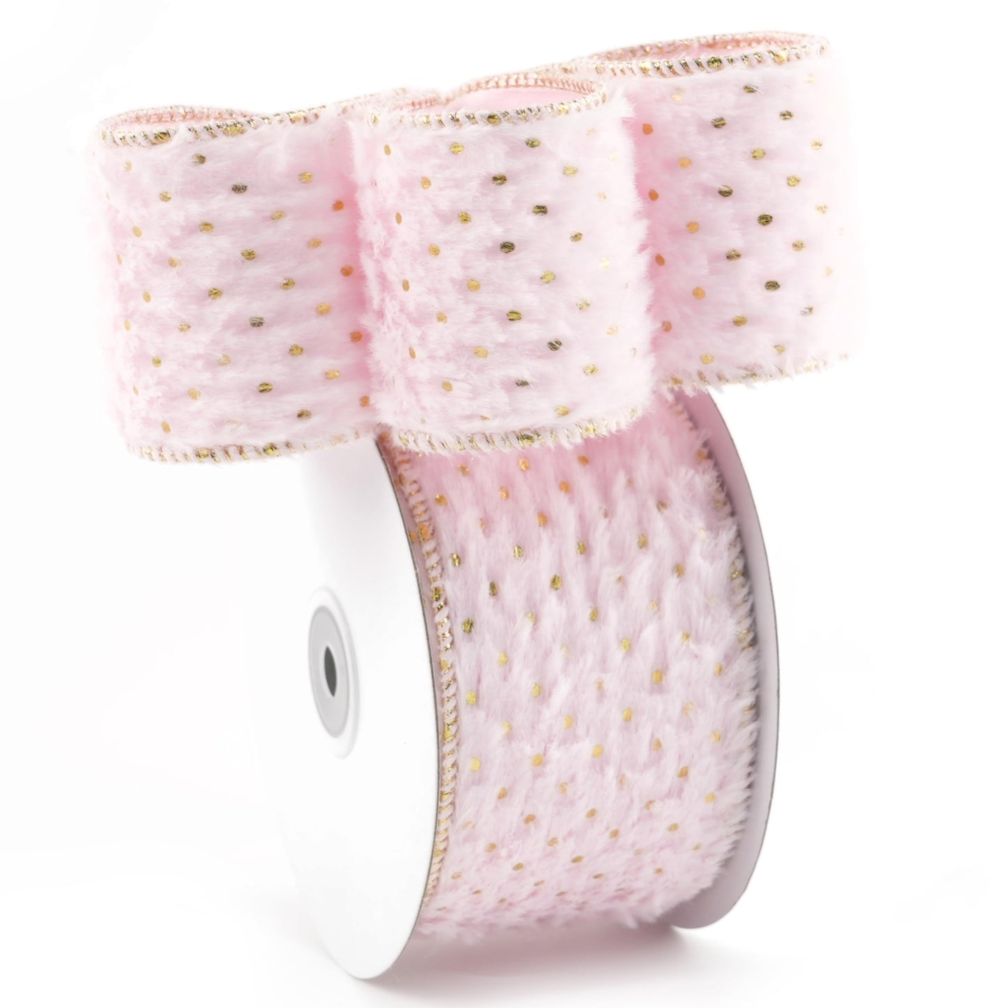 DINDOSAL Pink and Gold Christmas Ribbon 2.5" X 10 Yards Pink Faux Fur Wired Ribbon for Christmas Tree Decoration, Polka Dot Ribbon Wired for Bows, Wreaths, Garlands, Gift Wrapping, Home Decor