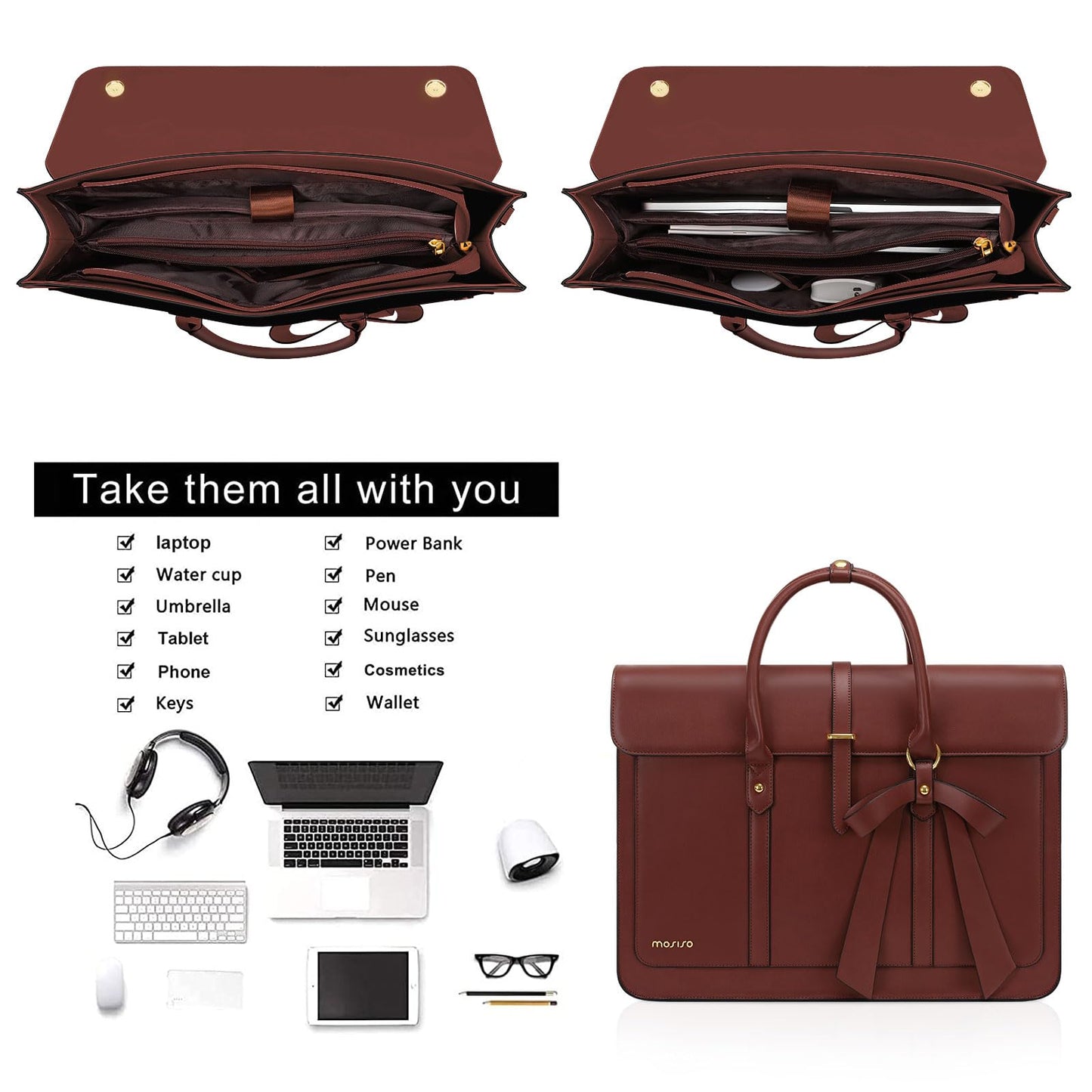 MOSISO Laptop Bag for Women, 17 inch PU Leather Laptop Shoulder Bags Convertible Backpack, 17.3 inch Messenger Bags Casual Handbag Work Briefcase Travel Computer Bag with Bowknot, Brown