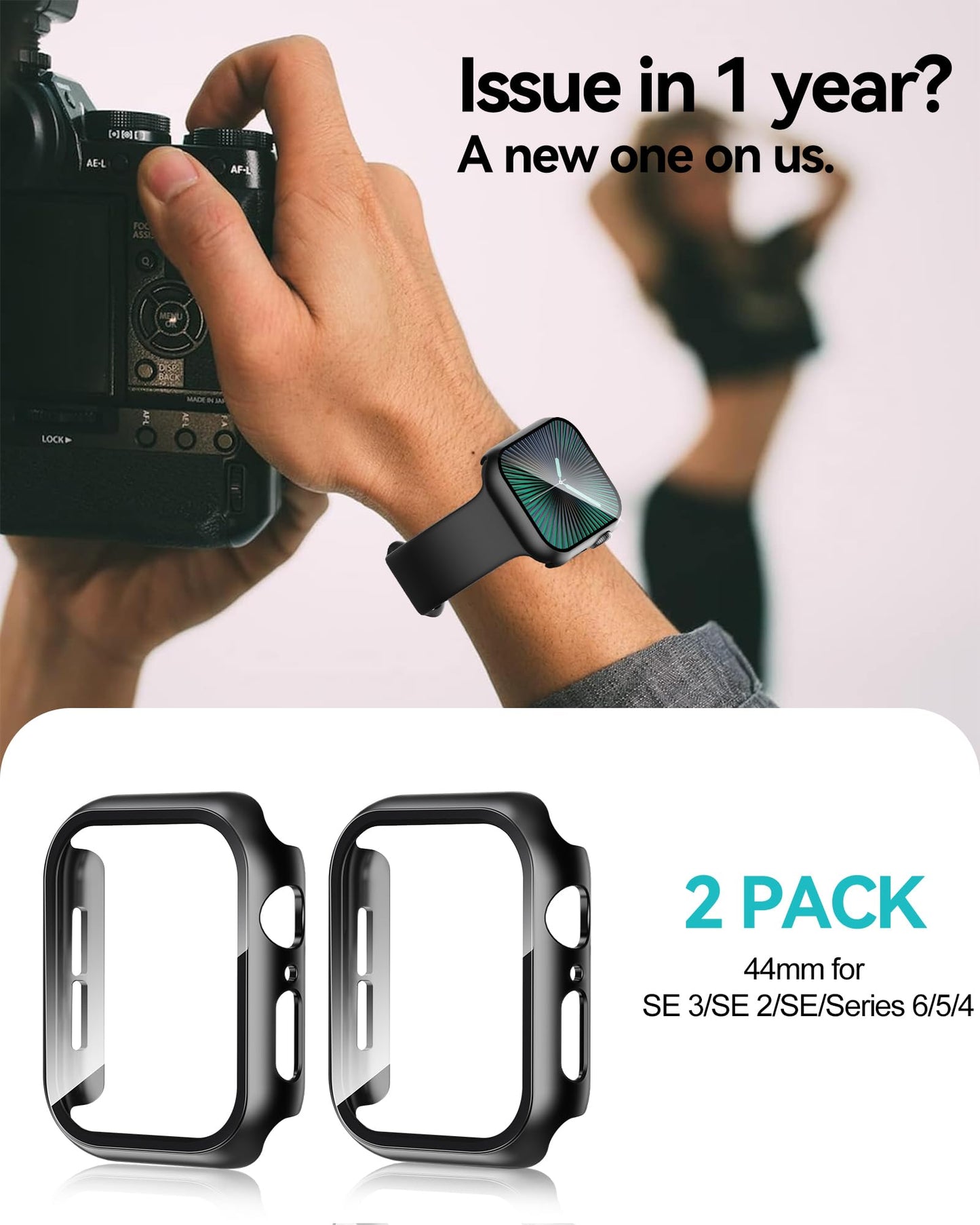 Smiling 2 Pack Case Compatible with Apple Watch SE 3 (2025)/ SE 2/ SE/Series 6/5/4 44mm with Tempered Glass Screen Protector, Hard PC Case Overall Protective Cover - Black