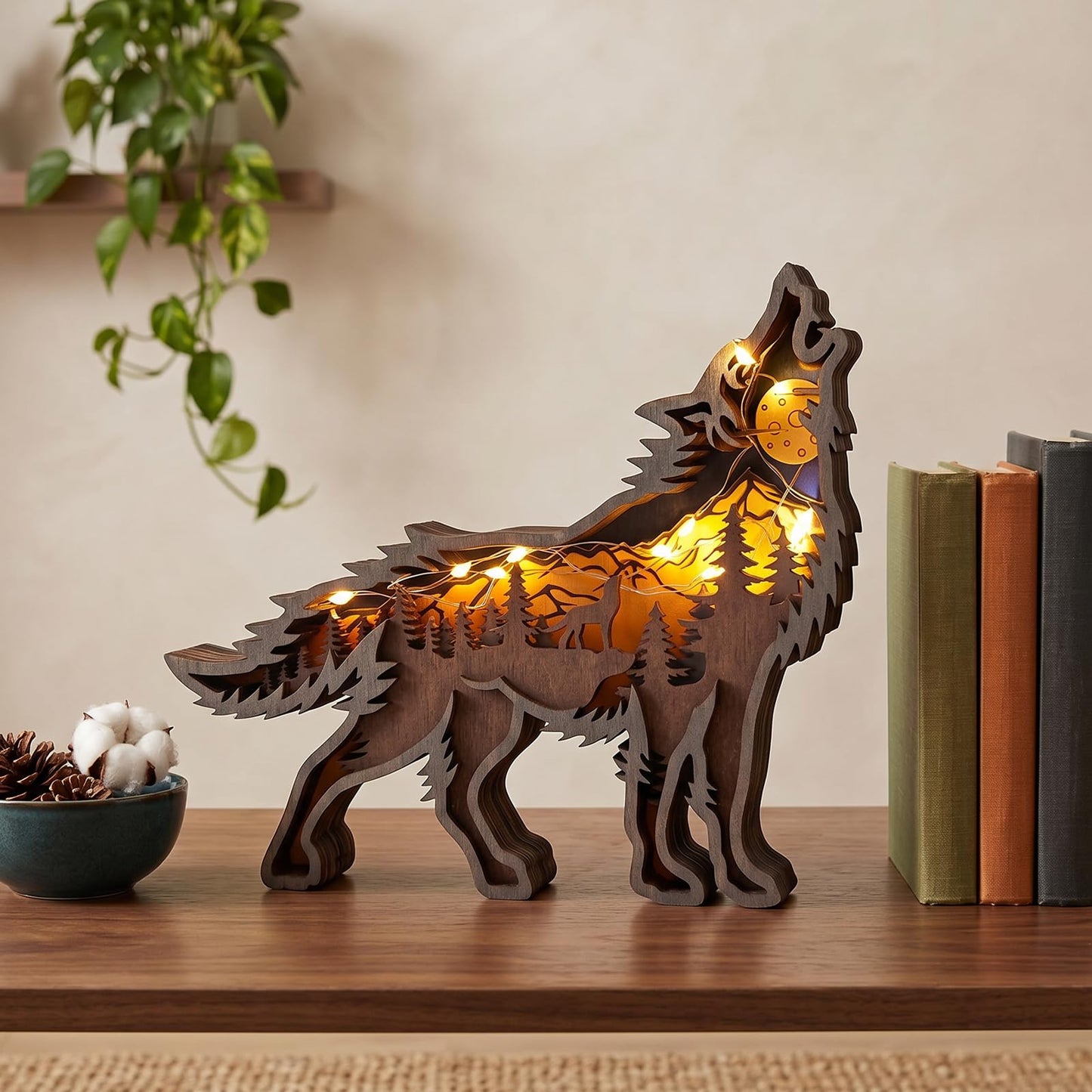 Drawelry 3D Wood Carving Animals Lamp Home Decorative, Cute Bear Family Elephant Presents Ideas Christmas Living Room Office Decor Warm LED Night Lights Gift for Friend Daughter Son Mom Dad (Wolf)