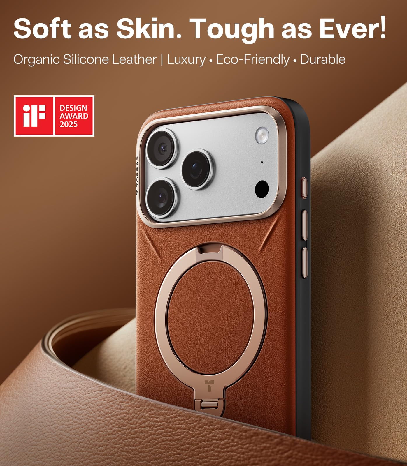 TORRAS Organic Leather for iPhone 17 Pro Case with Stand, Fit for Magsafe, 360 Spin Stand with Camera Control, Premium Leather Durable Stylish Q3 VegSkin for iPhone 17 Pro Phone Case, Saddle Brown