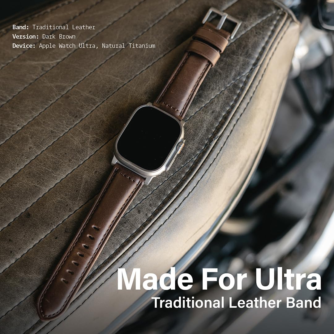 KORDIZ Traditional Leather Band for Apple Watch ULTRA 3 & ULTRA 2/1 [49mm] – Full-Grain Genuine Leather Replacement Strap for Men & Women – Classic Wristband Compatible with iWatch Ultra (Silver Titanium | Dark Brown)