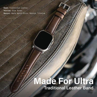 KORDIZ Traditional Leather Band for Apple Watch Series 11, 10, 9, 8, 7, 6 & SE3, SE2, SE [46mm/45mm/44mm] – Full-Grain Genuine Leather Replacement Strap for Men & Women – Classic Wristband Compatible with iWatch (Dark Brown)
