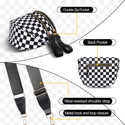 Checkered Crossbody Bag,Nylon Bum Bags for Women Crossbody,Spacious Sling Bag Purse Fanny Packs with Shoulder Strap