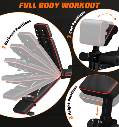 Foldable Adjustable Weight Bench with Leg Extension & Preacher Pad for Home Gym, Bench Press for Full Body Workout with Leg Developer, 900Lbs Capacity & Space-Saving Design