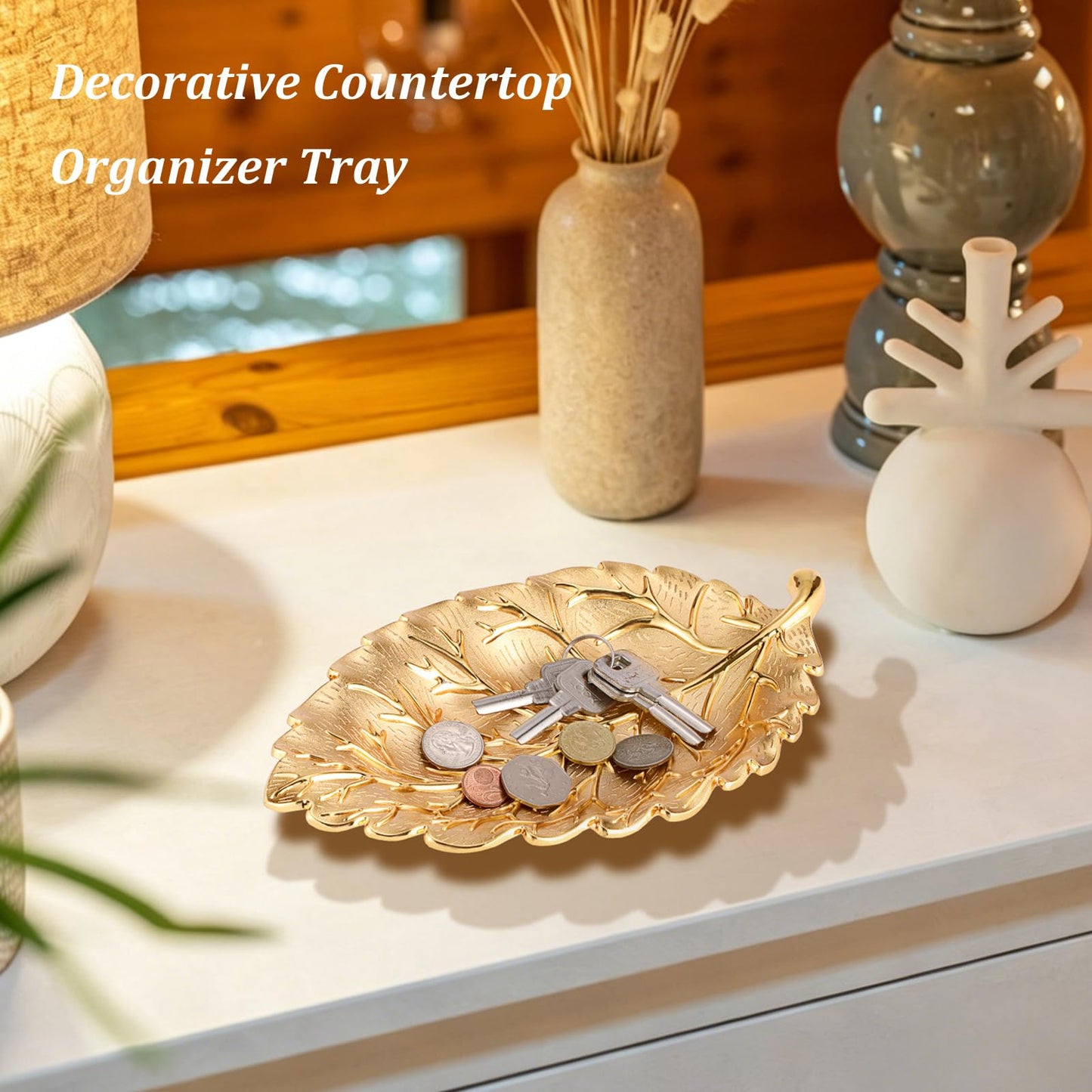 Hipiwe Gold Decorative Key Holder for Entryway Table Key Bowl Tray Leaf Shaped Jewelry Dish Catch All Bowls for Coffee Table Home Decor Christmas Birthday Wedding Gift, Large