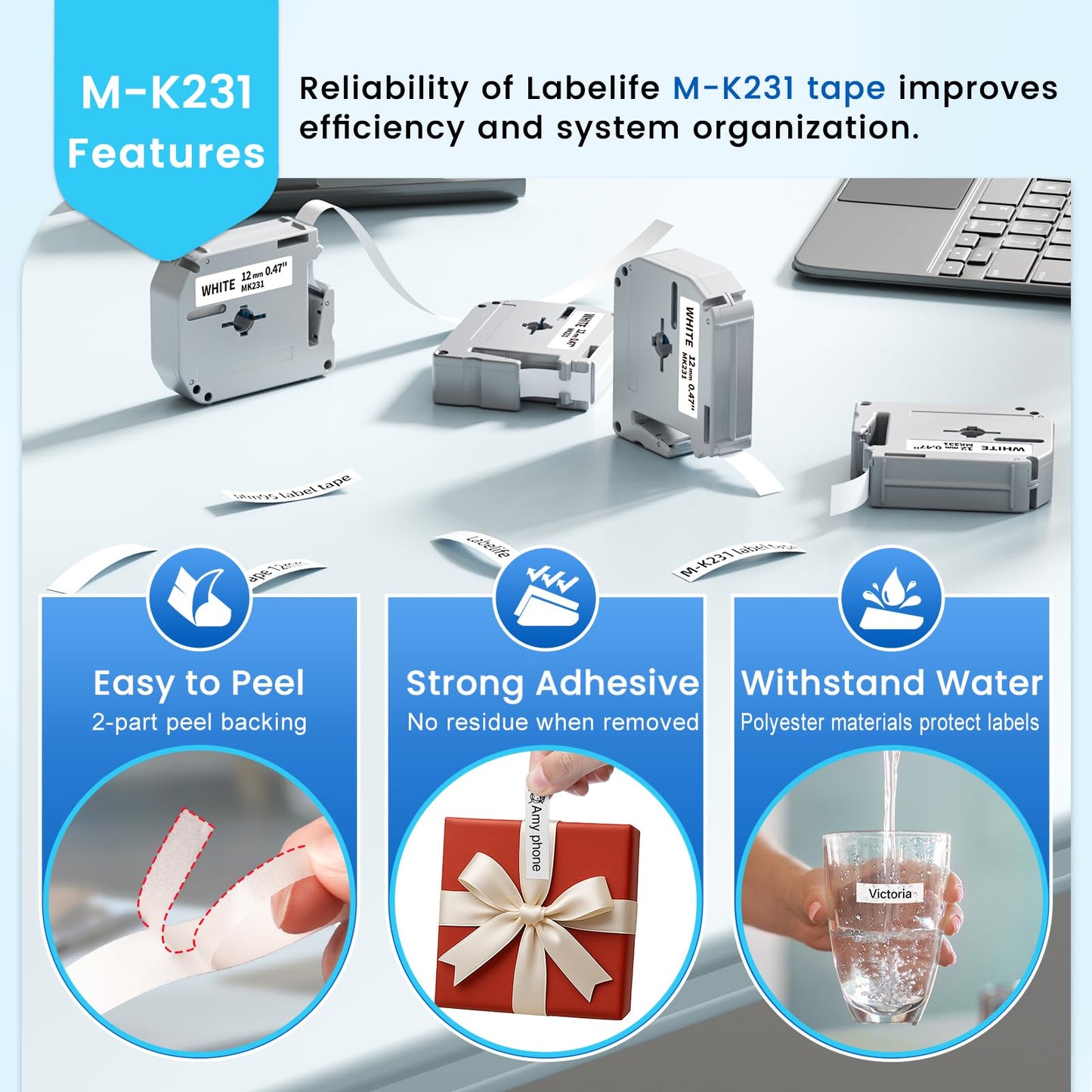 Labelife M-K231 PTM95 Label Tape Replace for Brother M Tape P Touch M-K231S M231 MK231 M-231 12mm 0.47 Inch for Brother PTouch PT-M95 PT-65 PT-80 PT-70 PT-45 PT-90 Label Makers, Black on White, 4 Pack