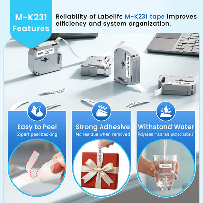Labelife M-K231 PTM95 Label Tape Replace for Brother M Tape P Touch M-K231S M231 MK231 M-231 12mm 0.47 Inch for Brother PTouch PT-M95 PT-65 PT-80 PT-70 PT-45 PT-90 Label Makers, Black on White, 4 Pack