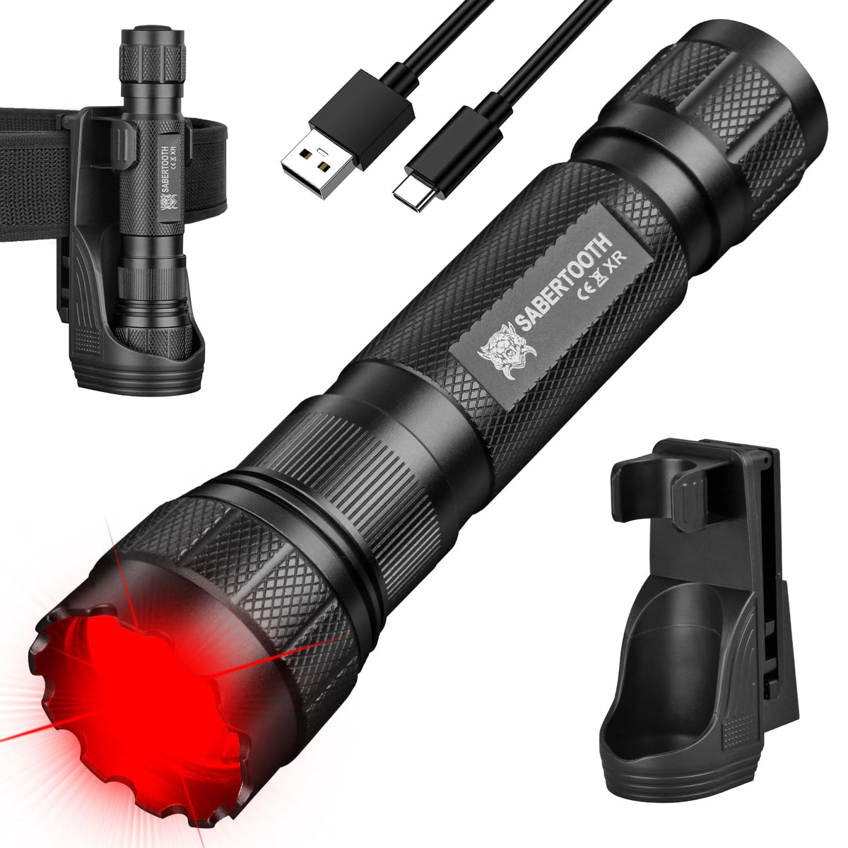 SABERTOOTH Red Hunting Light Rechargeable Tactical Flashlight with Holster 1800LM 340-yard Red LED Flashlight for Hunting Coyotes, Wild Boars, and Vermin