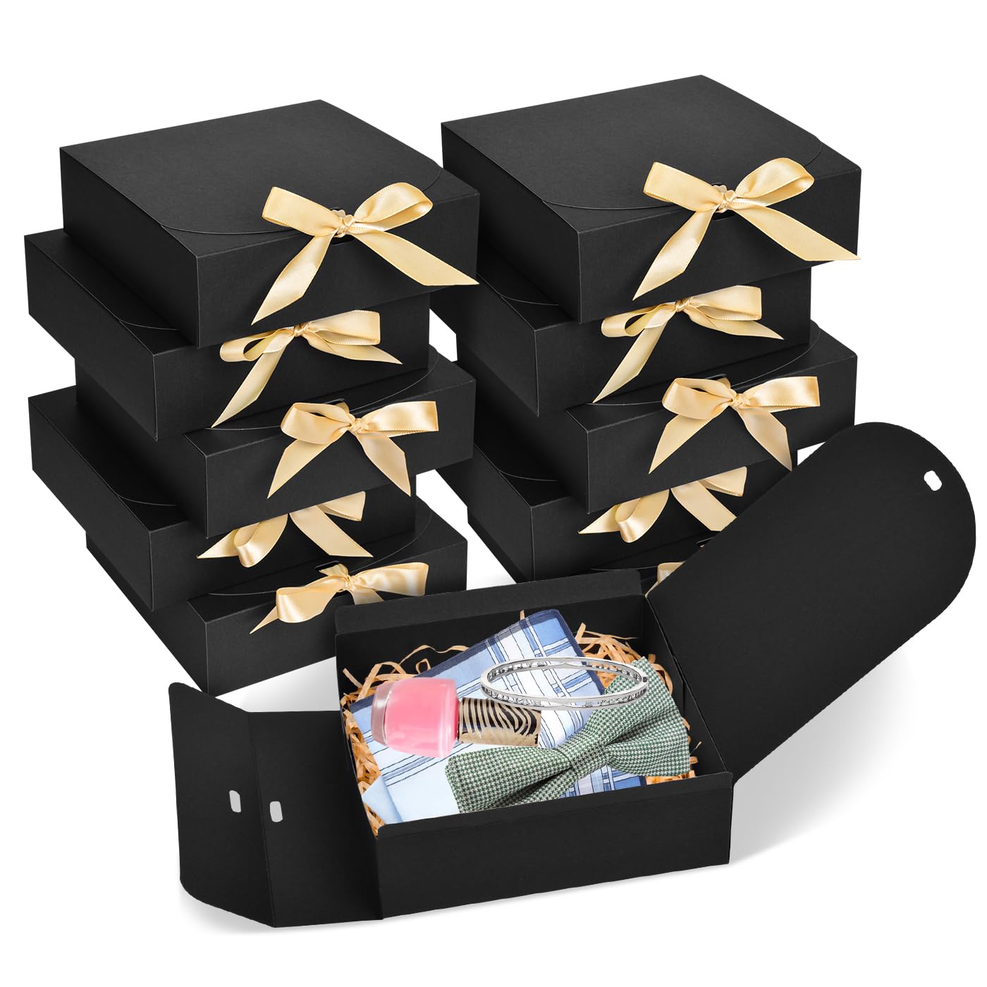 WLUSEAXI 10pack Gift Boxes with Lids, 6.5''x6.5''x2'' Black Gift Boxes For Presents, Paper Boxes Gift Boxes with Ribbon for Birthday Wedding Party Chocolate Candy