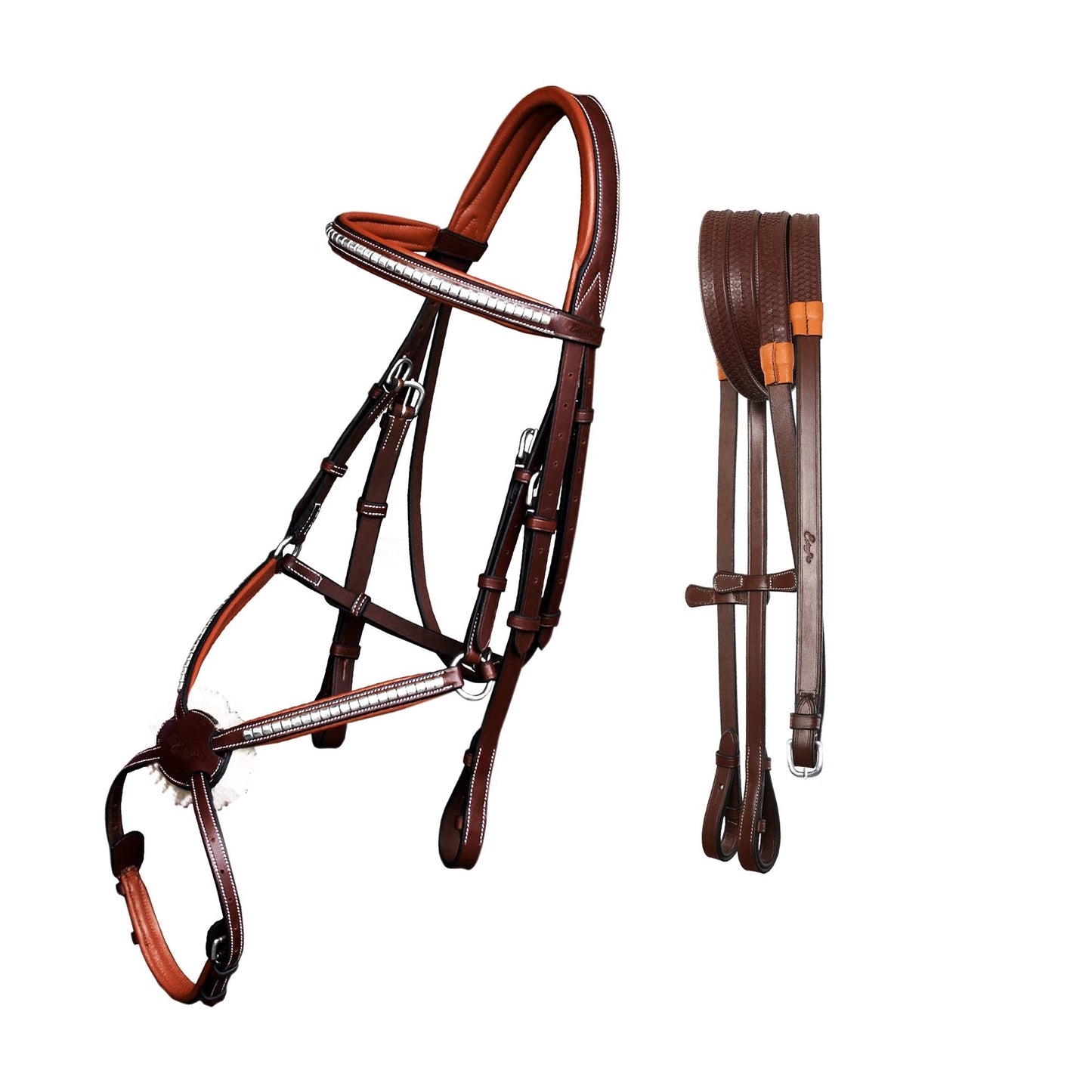 Exion Premium English Leather Figure 8 Bridle with Silver Clincher Noseband & Browband | Soft Padded Anatomical Crown Piece | Rubber Reins | Adjustable Fit | Jumping, Hunter, Eventing