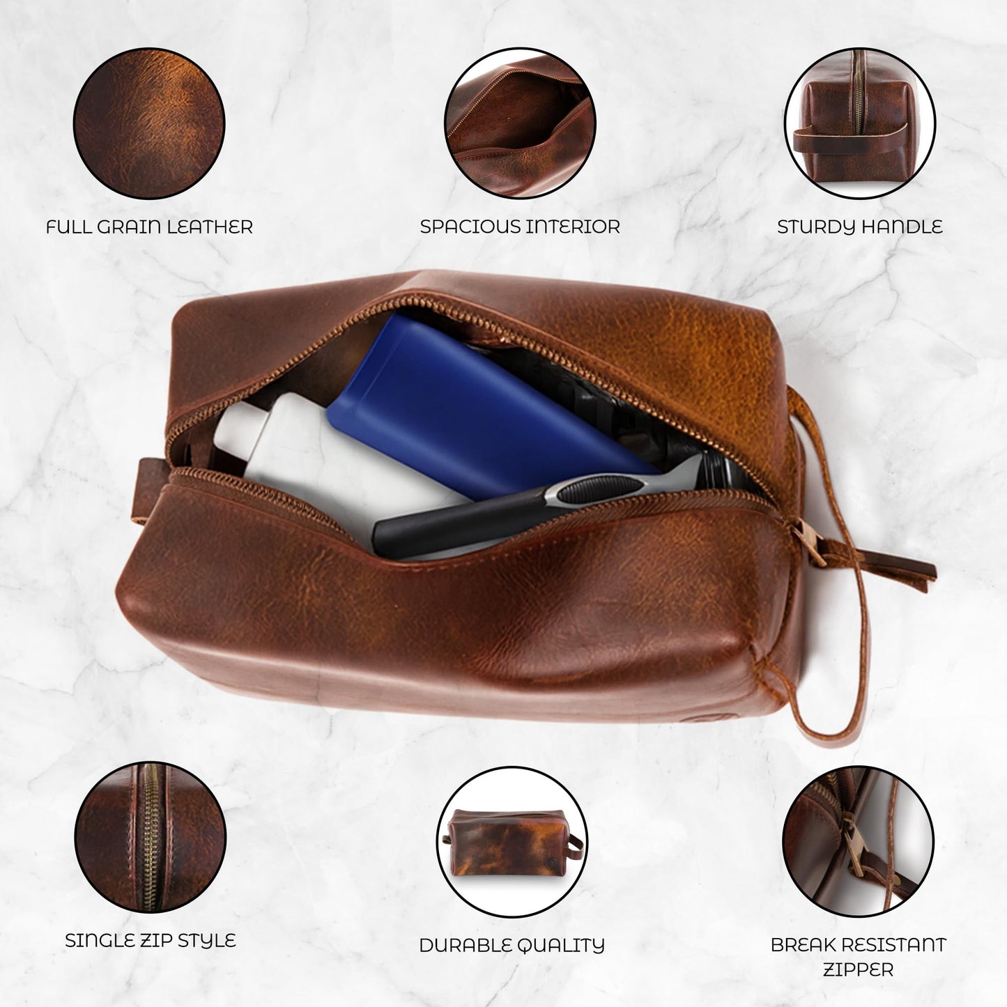 Northridge Leather Premium Leather Toiletry Bag For Men - Travel Bag, Shaving Kit Bag & Toiletry Organizer - Full Grain Leather (Double Zip, Antique)