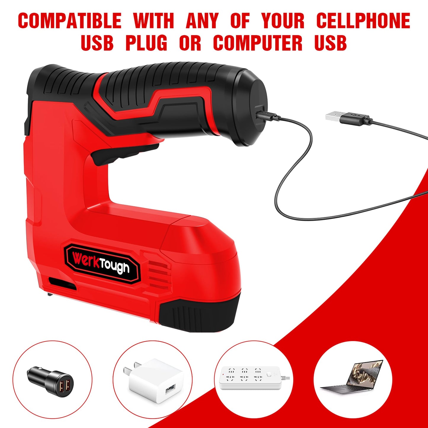 Werktough 4V Cordless Staple Gun Red Brad Nailer DIY 2 in 1 Electric Staple Gun USB Cable 2000pcs Staple T50 18GA