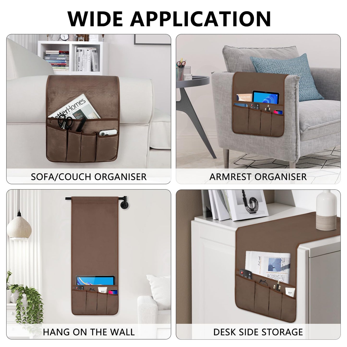WETRBWEH Remote Control Holder for Armchair, Couch Caddy Organizer TV Remote Holder for Bed Storage 5 Pockets, Remote Caddy Bedside Organizer Bedside Table Organizer (Brown, 35"x12.4")