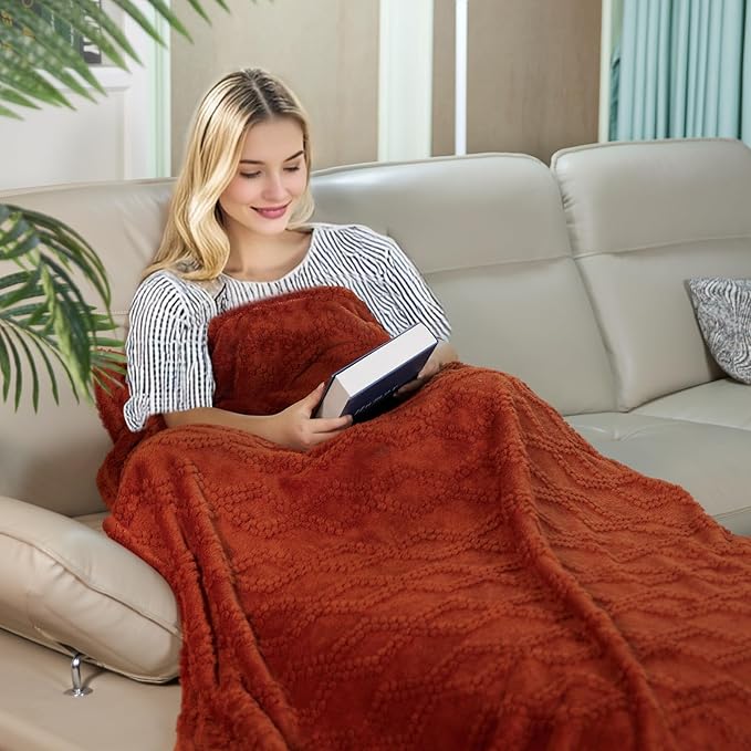 Jacquard Boho Fleece Throw Blanket-Cozy Fluffy Soft Lightweight Fuzzy Fall Blanket for Sofa, Couch, Bed, Chair & Car, Gifts for Teen Girls, Women & Men, Home and Dorm Decor, Rust Red, 50" x 70"