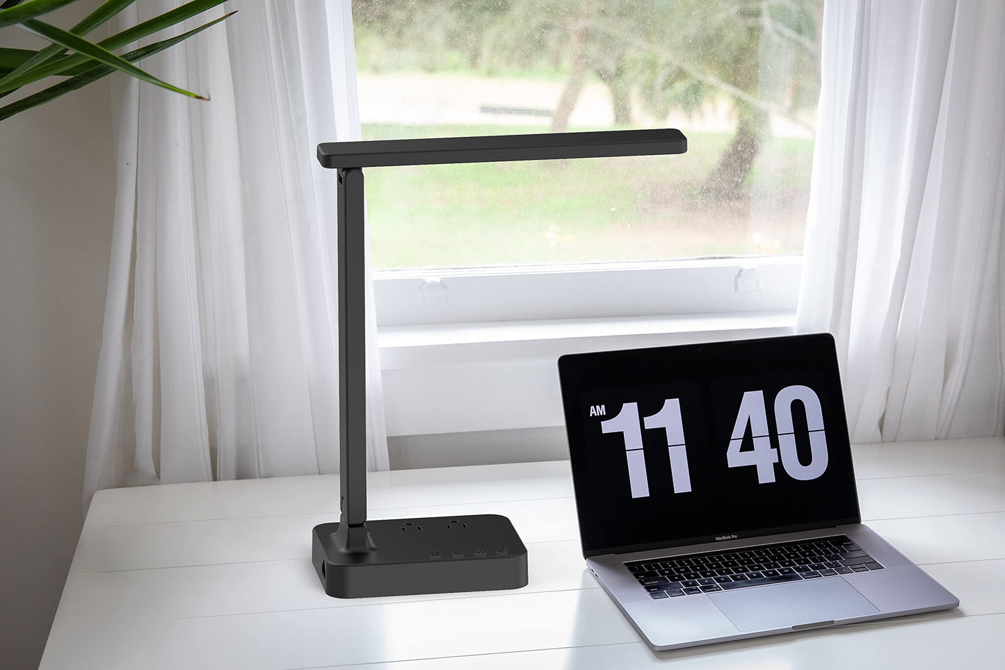 Drevet LED Desk lamp with USB C Charging Port, Table Light with 3 USB Charger and 2 AC Power Outlet, 3 Color Model, 3 Level Brightness, Touch Control, Memory Function, Eye-Caring Office Foldable Lamp