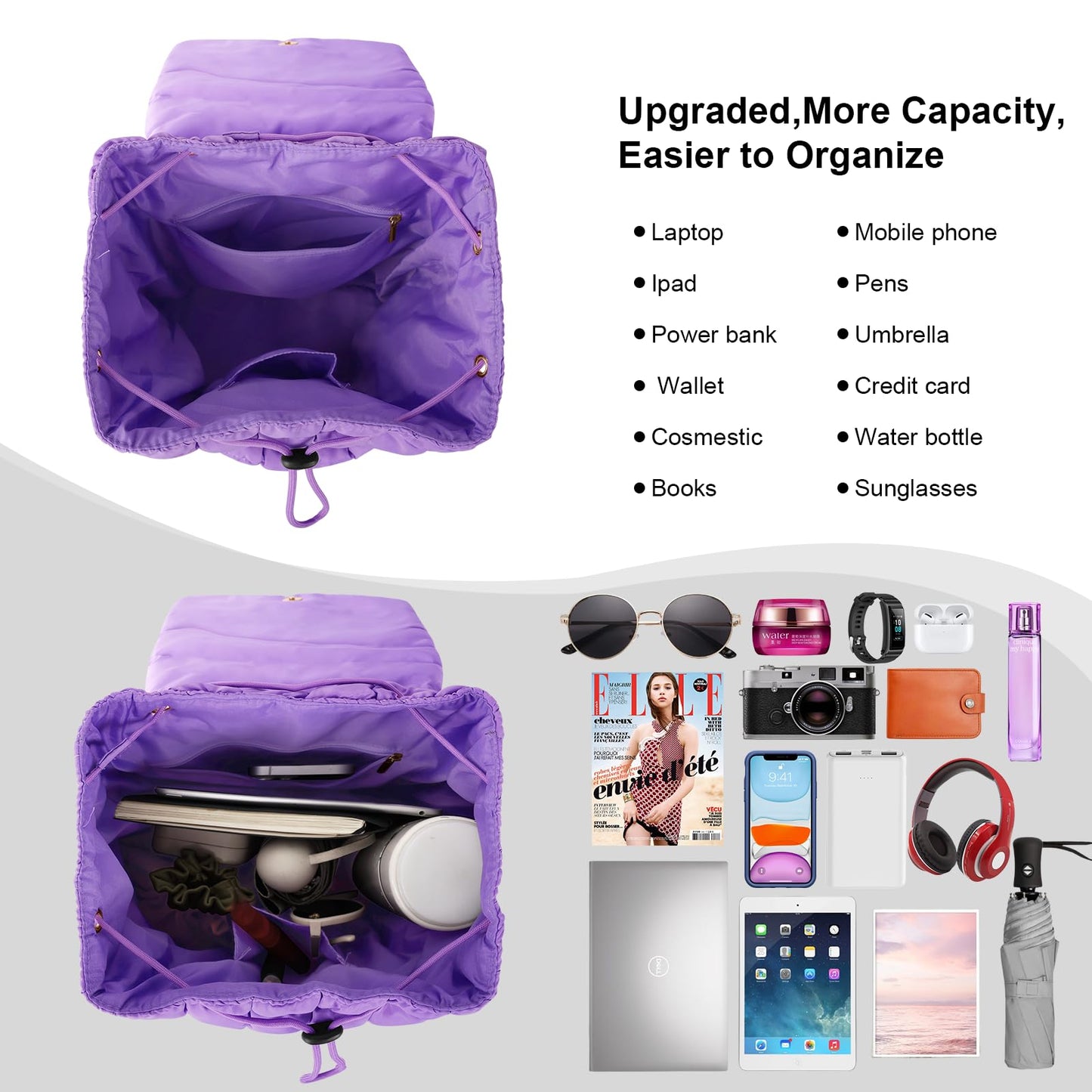 XSUIOY Quilted Backpack Purse for Women Small Lightweight Puffer Puffy College Laptop Backpack Nylon Casual Bookbag Daypack Top Flap Drawstring Padding Hiker Travel Gym Backpack(Purple)