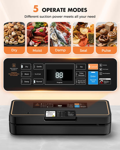 UPRUBE Vacuum Sealer for Food, 95kPa Food Saver Vacuum Sealer Machine, 135W Fast-Sealing by Built-in Bag Storage, Easy Tear Cutter, 9-in-1 Compact Food Vacuum Sealer Machine with 10 ft Bag Roll