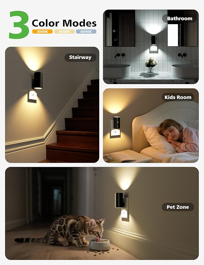 Night Lights Plug Into Wall,Dimmable LED Nightlight with Dusk to Dawn Light Sensor,0-100LM Adjustable Brightness,3 Color Temperatures,Night Light for Hallway Bathroom Stair Bedroom,Black,2 Pack