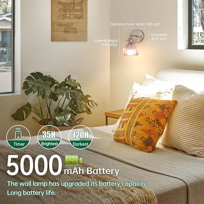 Vintage 5000 mAh Battery Operated Wall Sconce with Translucent Purple Tulip Glass Lampshade Rechargeable Battery Powered Wall Light with Remote Control for Bedroom Doorway, Set of 2
