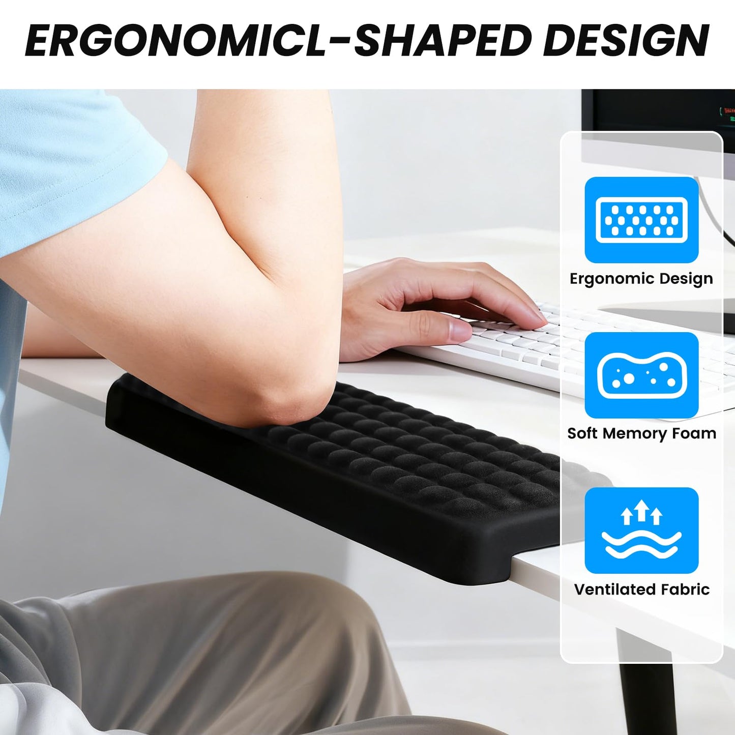 Arm Rest for Desk, 2-PCs L-Shaped Memory Foam Elbow Keyboard Wrist Pads with Non-Slip Base, Ergonomic Desk Edge Cushion & Wrist Rest for Computer Keyboard, Office and Home Use