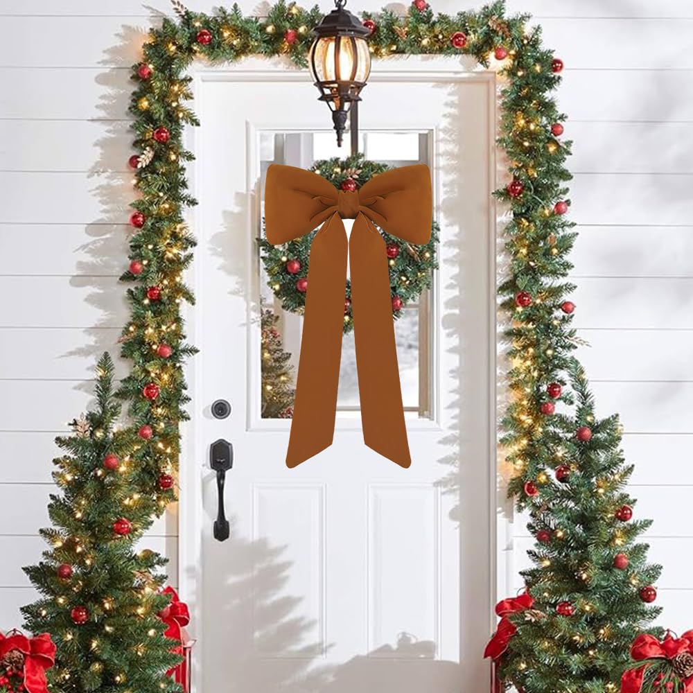 Celltestria Large Christmas Bow Ornament 15x30 Inch Velvet Giant Wreath Bows Xmas Tree Topper Ribbon Hanging Bows for Christmas Holiday Home Wall Outdoor Indoor Party Garland Crafts Decoration(Khaki)