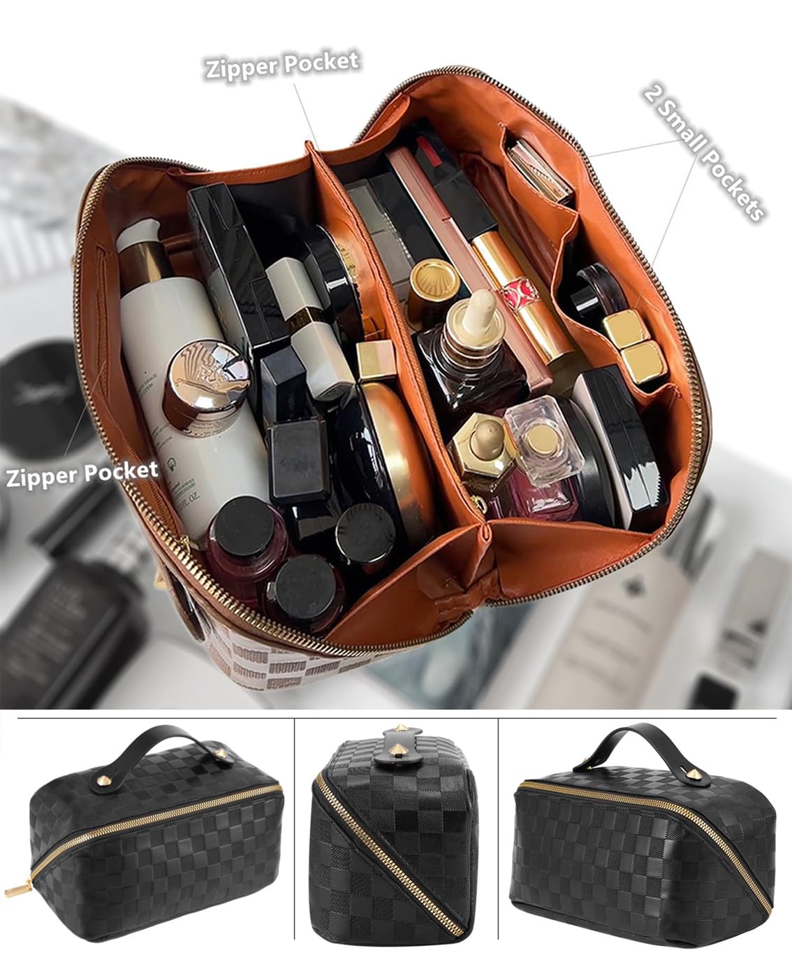 Checkered Travel Makeup Bags Cosmetic Organizer Bag: 2-Set Large Capacity Waterproof Makeup Bag - PU Leather Toiletry Bag for Women - Wide Open Portable Pouch with Handle and Divider (BLACK)