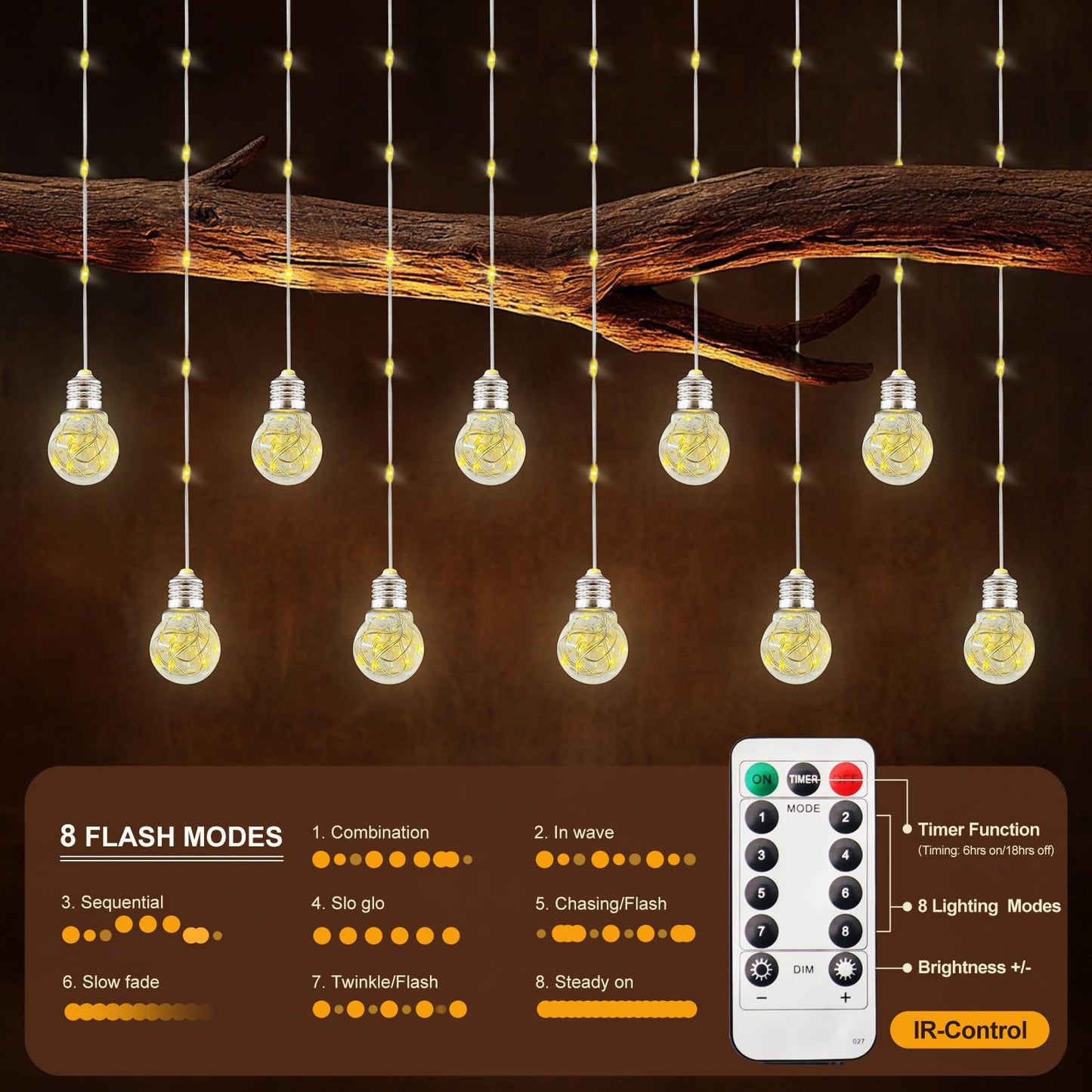 Patioman Wishing Ball Curtain Lights LED Window Hanging Lights with Remote, USB Powered Twinkle Globe Fairy String Lights for Wedding Party Bedroom Christmas Indoor Outdoor Decoration (Warm White)