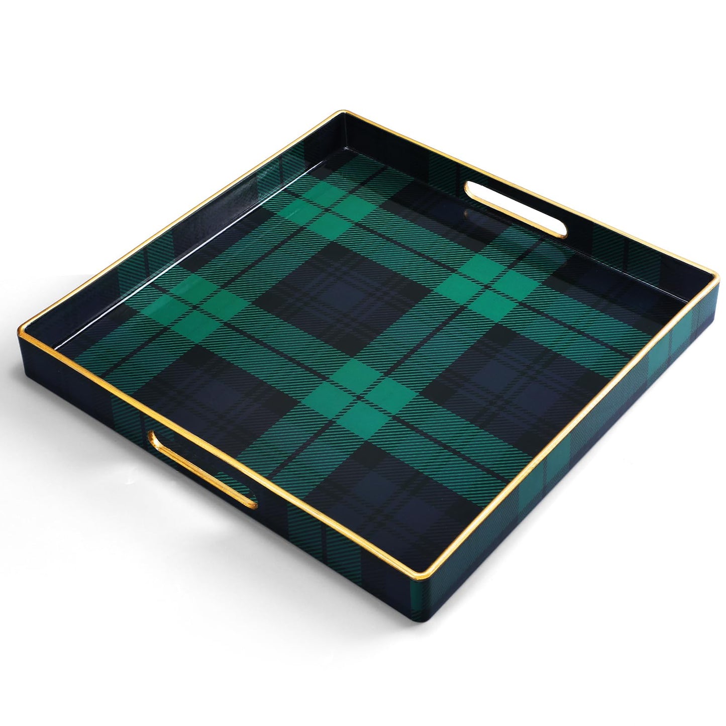 Nuanchu Tartan Tray Decorative Square Serving Tray with Handles for Coffee Table 13" x 13" Green Plastic Retro Decoration for Bar Living Room Bathroom Home Christmas