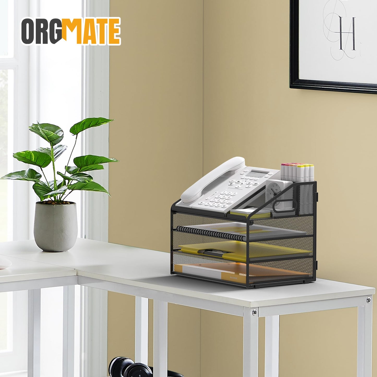 OrgMate Letter Tray Paper, 4 Tier Desk Organizer with Pen Holder and Handle Mesh File Organizer Paper Sorter Metal Desktop Document Shelf for Office Home Classroom -Black