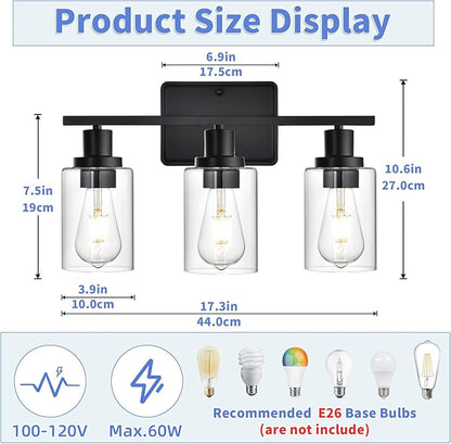 Bathroom Vanity Light,3-Light Modern Black Bathroom Light Fixtures with Clear Glass Shade,Wall Lamps for Living Room,Bath Vintage Wall Mounted Lights for Mirror,Bedroom