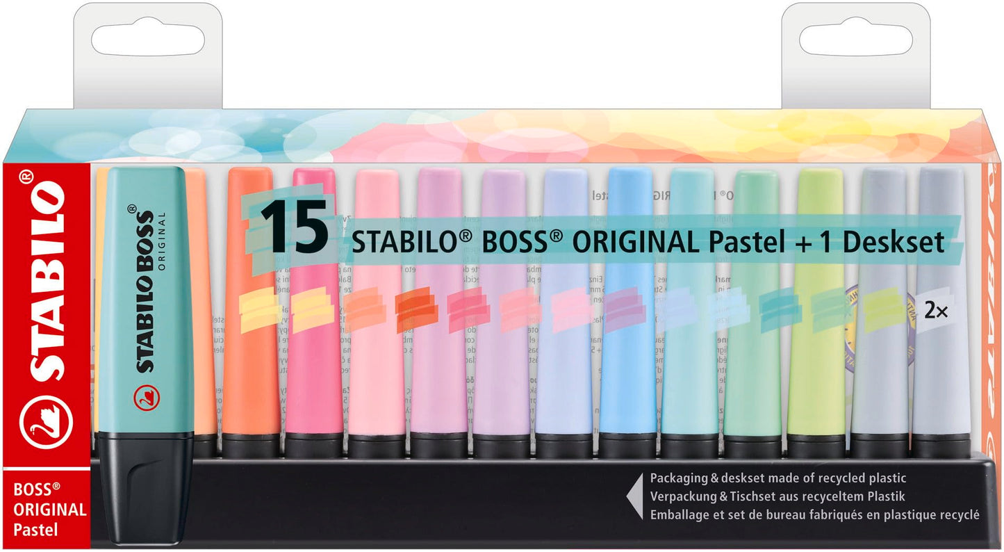 STABILO - BOSS ORIGINAL Pastel - Highlighter - Deskset of 15 - with 14 Pastel colors