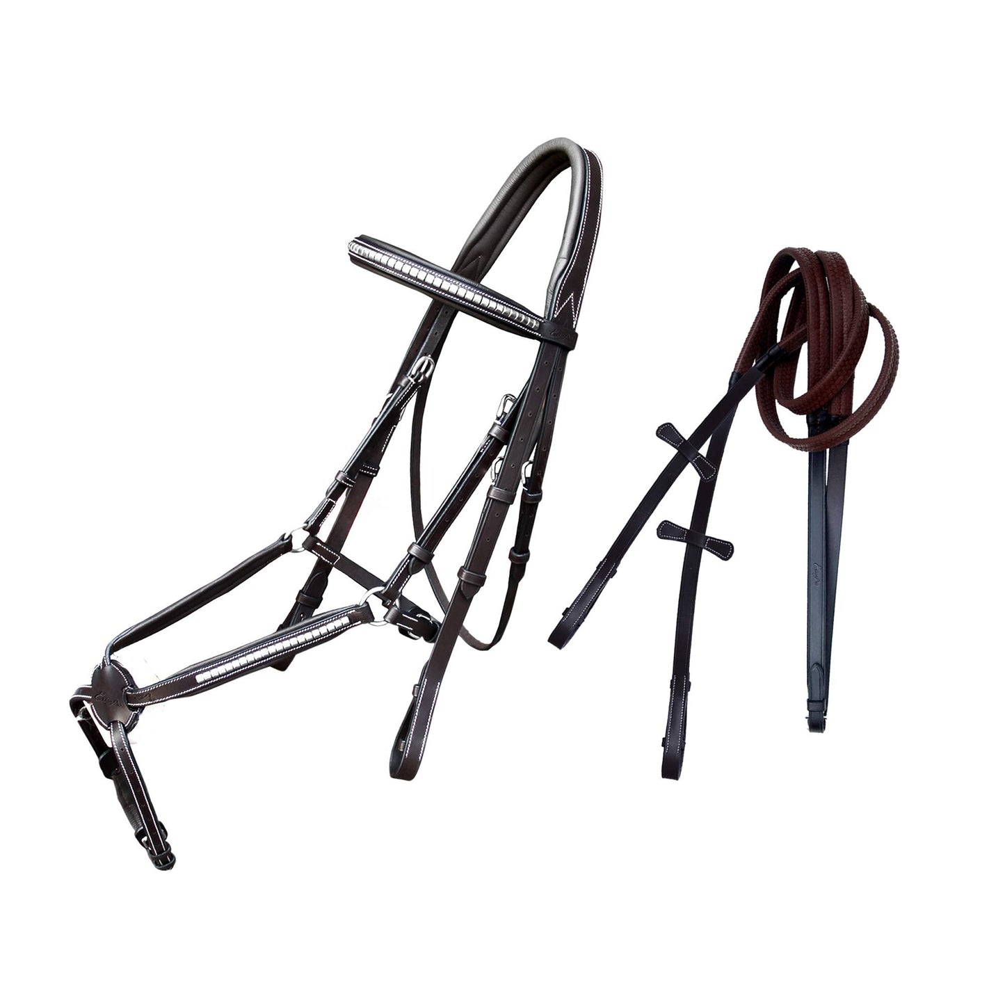 Exion Premium English Leather Figure 8 Bridle with Silver Clincher Noseband & Browband | Soft Padded Anatomical Crown Piece | Rubber Reins | Adjustable Fit | Jumping, Hunter, Eventing