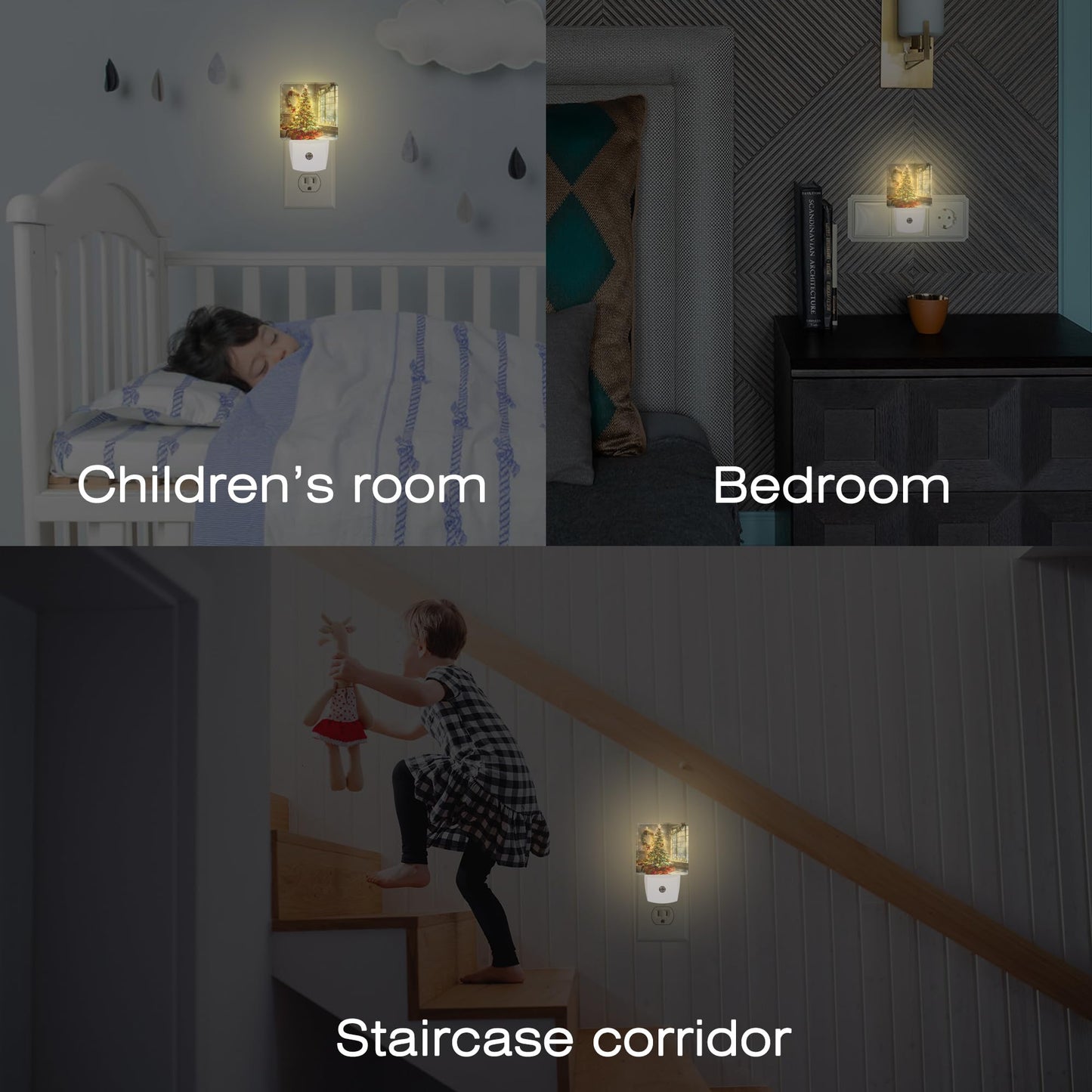 Christma Room Full of Gifts Night Light, Christmas Tree with Red and Gold Ornaments Dusk to Dawn Night Light Plug in, 0.5w Energy Saving Sleep Friendly NightLight for Kids Boys Girls Home Decor