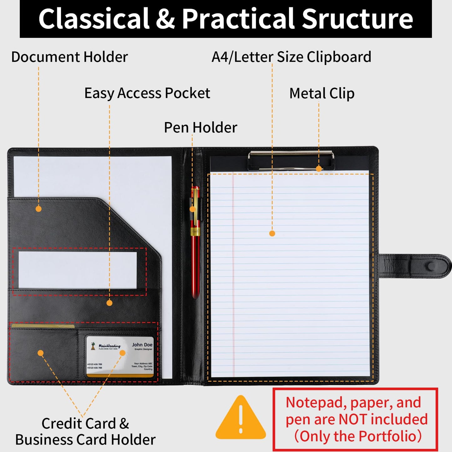 Professional Padfolio with Clipboard, Faux Leather Portfolio Folder Binder, Legal Pad Holder for A4 Letter Size Notepad, Resume, Writing Pad, Ideal Organizer for Business Office Conference, Black