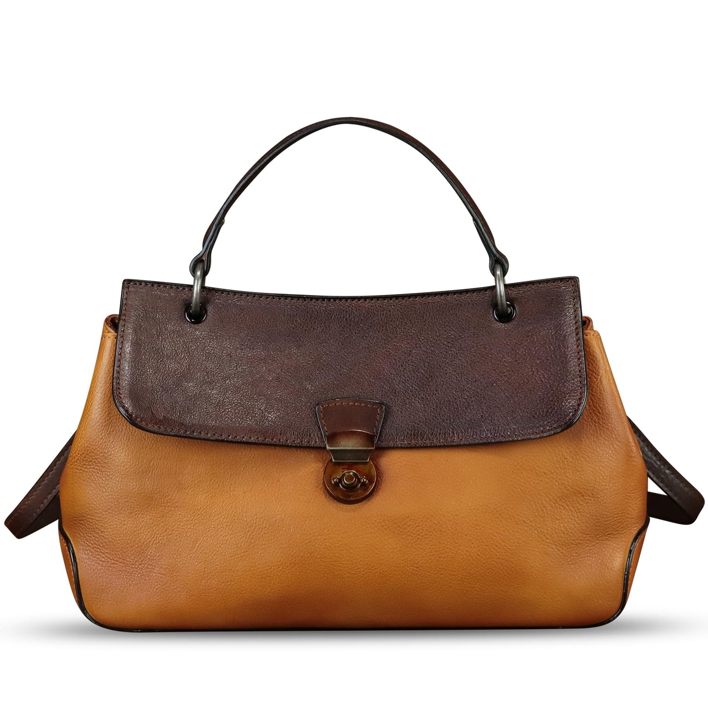 Genuine Leather Satchel for Women Vintage Leather Handbag Top Handle Bags Handmade Retro Purse Crossbody Bag (Brown+Coffee Flap)