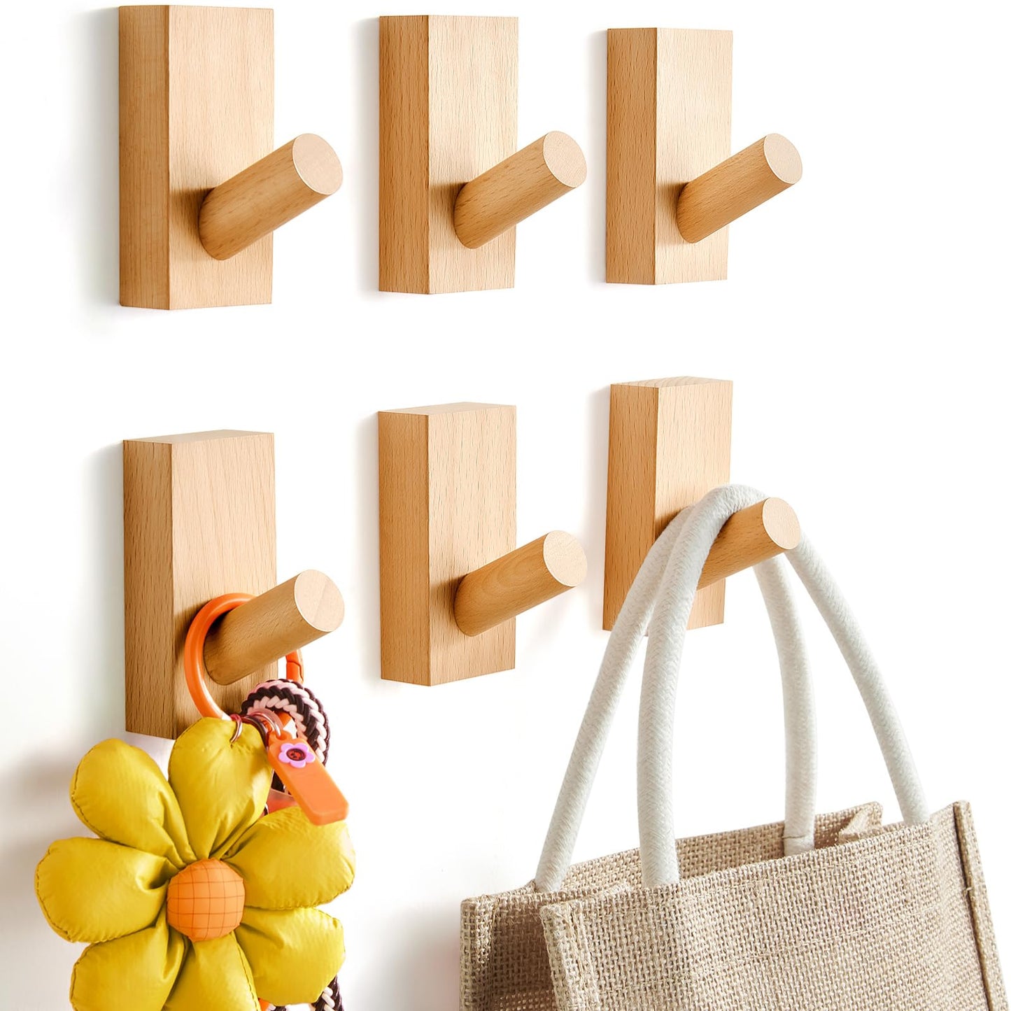 Felidio Natural Wooden Wall Hooks, Adhesive & Screw Mount Coat and Towel Hooks - Decorative Key Holder, Hat Rack, Stocking Wall Hangers for Bathroom Entryway Closet - 6 Pack, Beech Wood