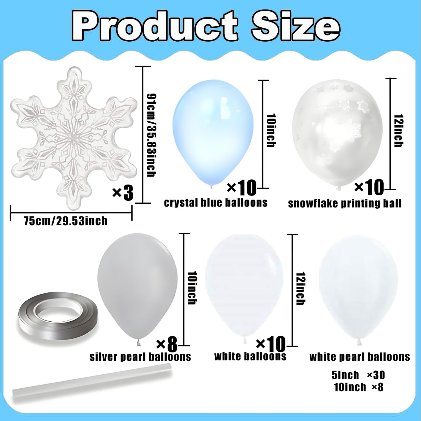 CYMYLAR 79pcs Winter Balloon Garland Arch Kit Ice Snow Crystal Blue Snowflake Foil Balloon Pearl White Pearl Grey Balloons for Christmas New Year's Day Frozen Theme Birthday Baby Shower Party Decor