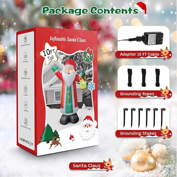 FunFanso 10 FT Christmas Inflatable Santa Claus with Lantern & Green Gloves, Xmas Blow up Outdoor Decorations, Built-in LED Lights for Yard Garden Lawn Patio Indoor Winter Holiday Home Party Decor