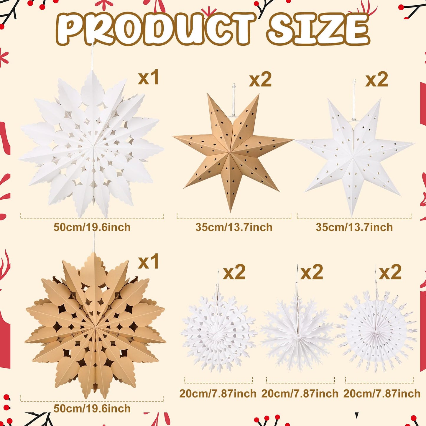 Glooglitter 12 Pcs Paper Star Lantern 3D Christmas Paper Snowflake Lanterns White Hanging Lamp Ornaments for Xmas Tree New Year Holiday Party Decorations(White, Kraft)