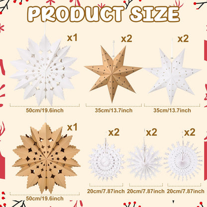 Glooglitter 12 Pcs Paper Star Lantern 3D Christmas Paper Snowflake Lanterns White Hanging Lamp Ornaments for Xmas Tree New Year Holiday Party Decorations(White, Kraft)