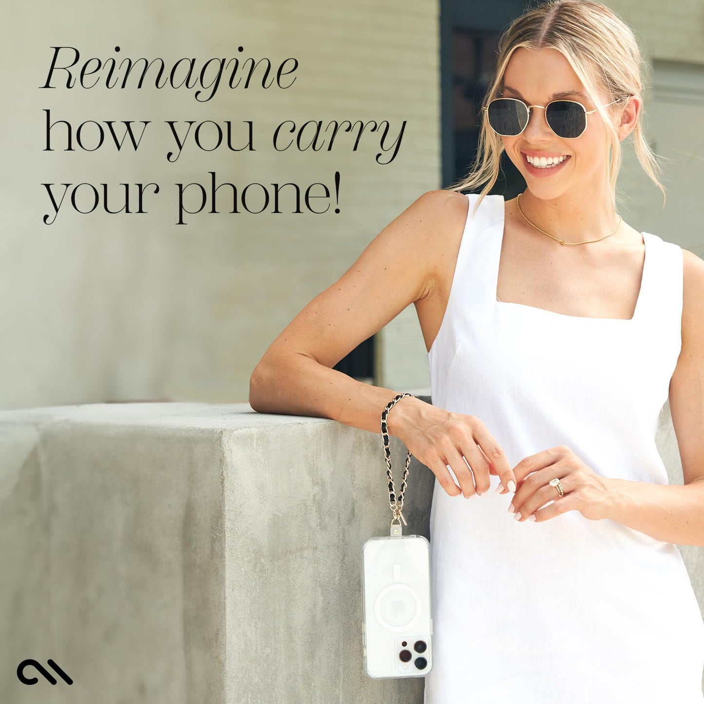 Case-Mate Phone Charm - Detachable Anti Theft Strap - Hands-Free iPhone Wrist Strap for Women - Phone Chain Wristlet - Fits Galaxy, Pixel and More - Gold Chain / Black Leather