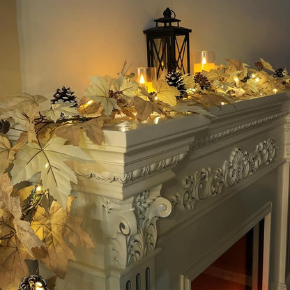 6 FT Realistic Fall Garland with Lights Timer Function Fall Leaves Maple Garland with Berries Pine Cones Autumn Automatic Fall Decorations for Home Mantle Fireplace Porch Table Decor