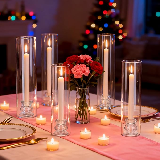 24 Set Hurricane Glass Candlestick Holders 12.6" Two Side Open Glass Candle Holders and 2.2" Taper Candlesticks Holder Bulk for Table Centerpiece Wedding Christmas Home Decor