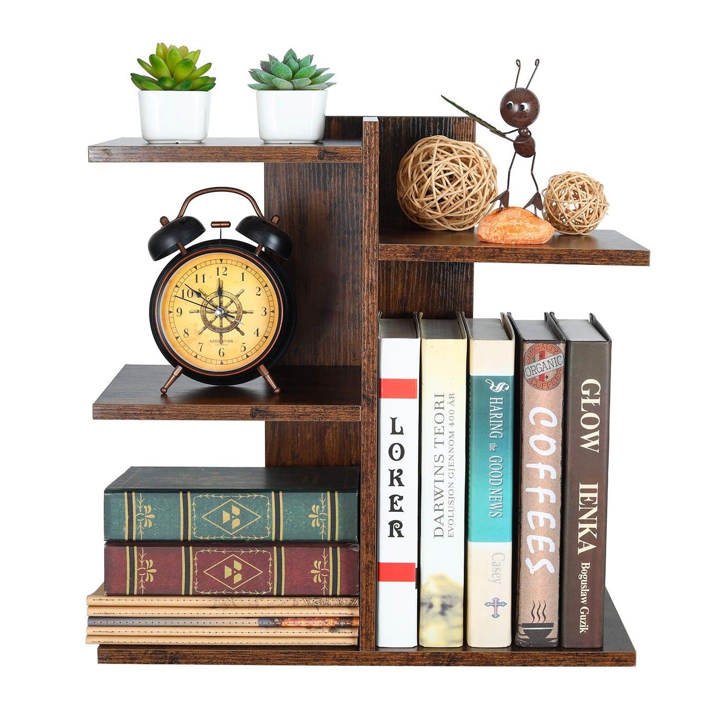 PAG Wood Desktop Shelf Small Bookshelf Desk Supplies Organizers and Accessories Storage Display Rack Office Decor for Women, Antique Brown